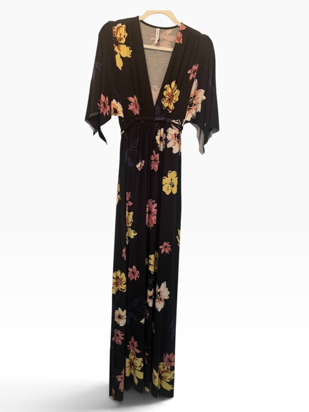 0131. Rachel Pally Heathered Black Floral Maxi Dress with Yellow and Pink Blooms